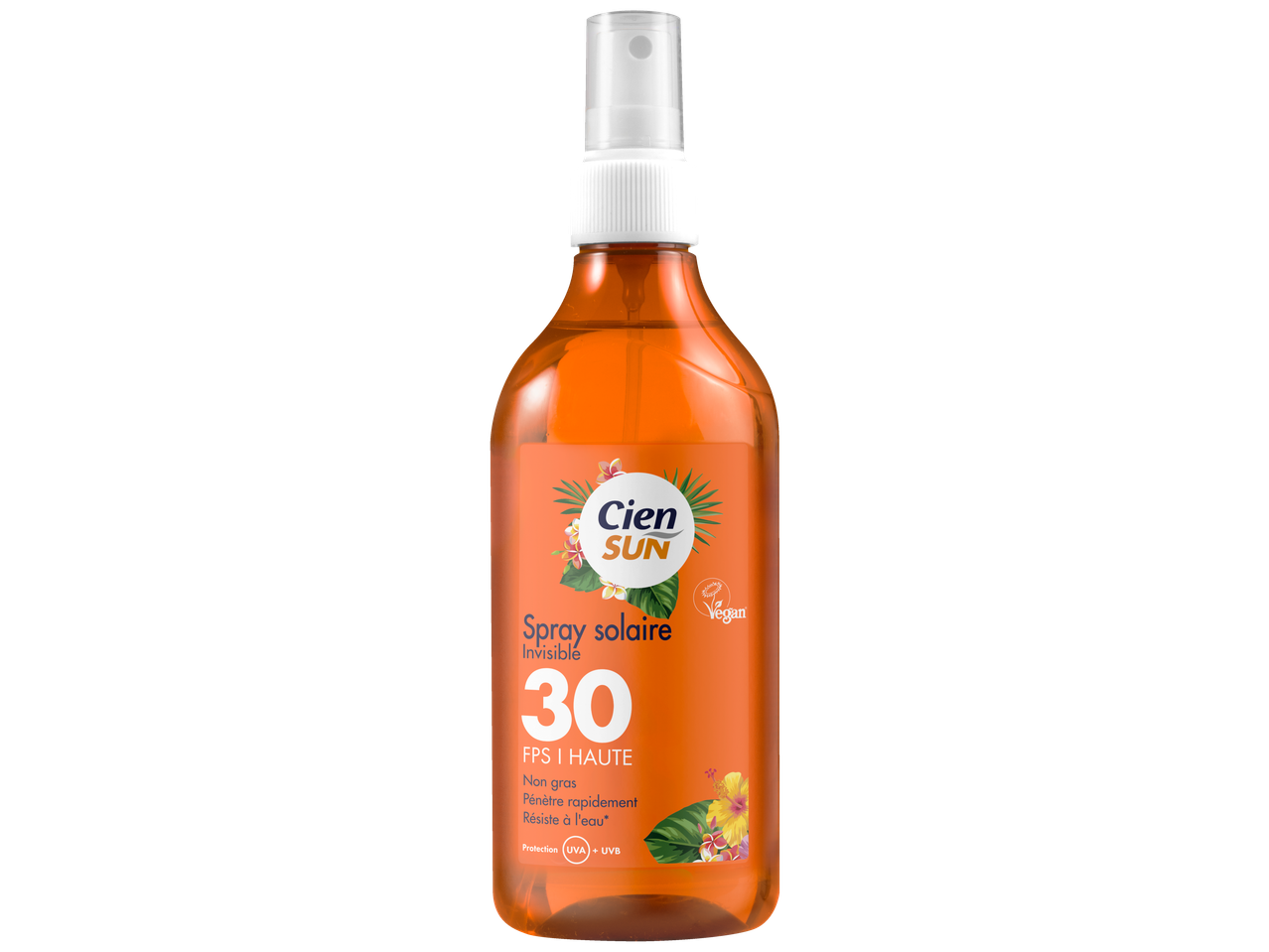 Spray solaire invisible Cien Sun SPF 30 dans un flacon ambré.