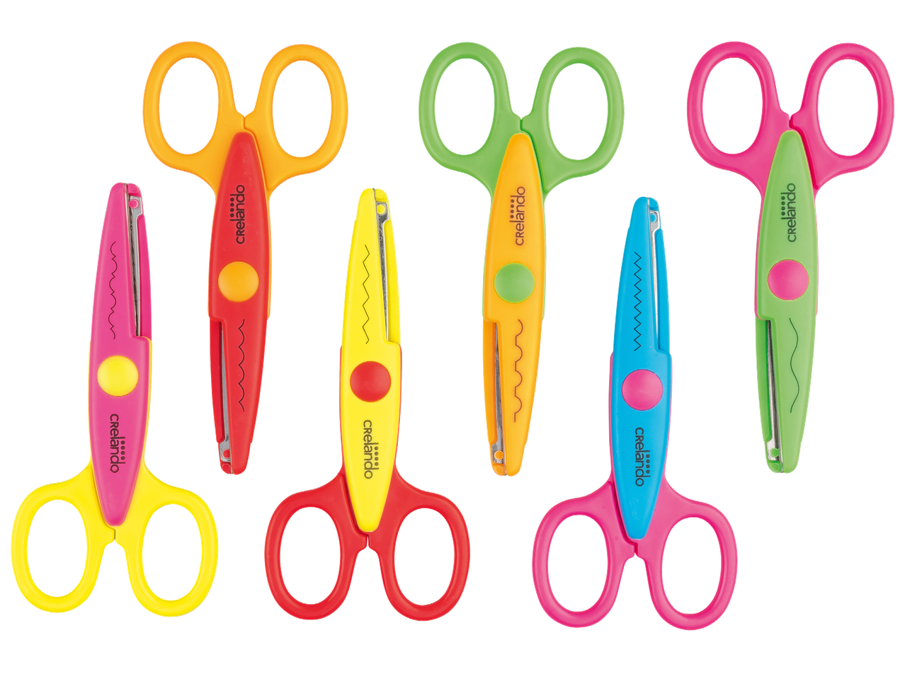 Комплект от 7 цветни ножици Crelanndo с различни форми на рязане.