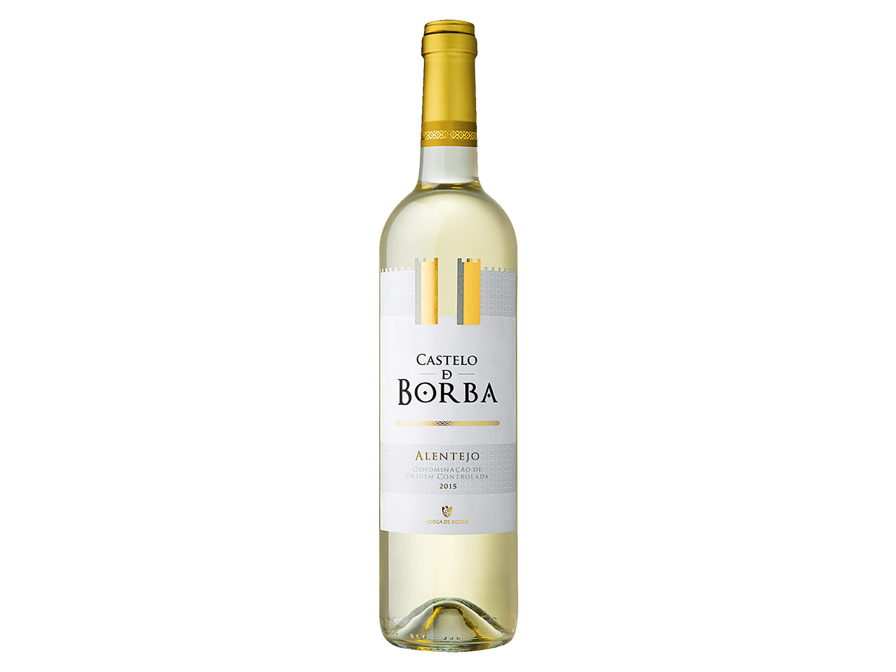 Garrafa de vinho branco com rótulo branco e dourado, com a inscrição 'Castelo D'Borba Alentejo 2015'.