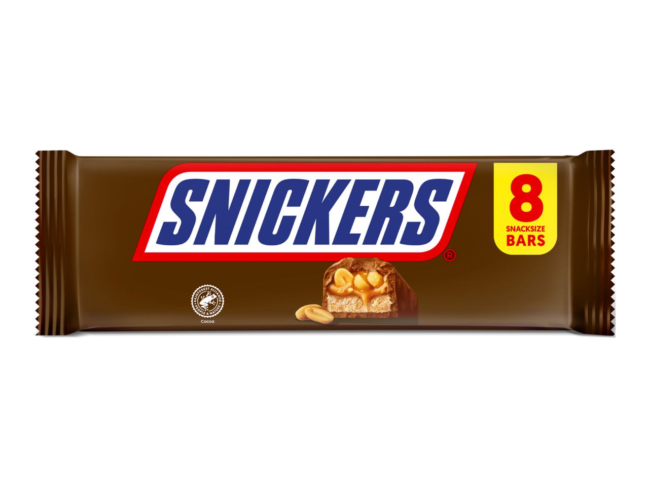 A brown multipack wrapper for chocolate bars, featuring a cross-section of a bar with peanuts and caramel, and a yellow label indicating 8 snack-size bars.