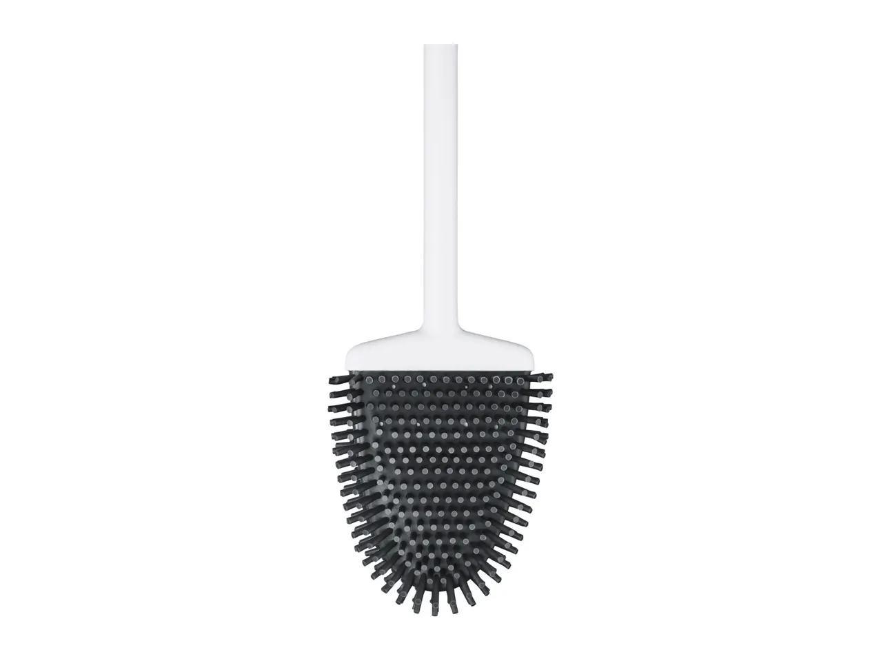 A dark gray toilet brush with a white handle.