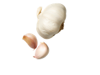 Garlic head and two garlic cloves on a black background