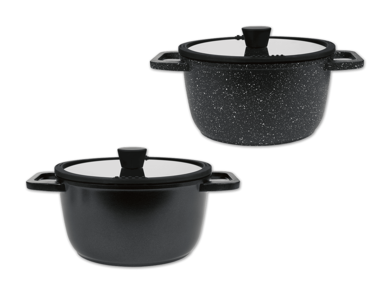 Zwei schwarze Kochtöpfe mit Deckel, einer mit gesprenkelter Oberfläche.