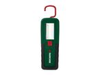 Green and black work light with a red hook and a bright LED panel