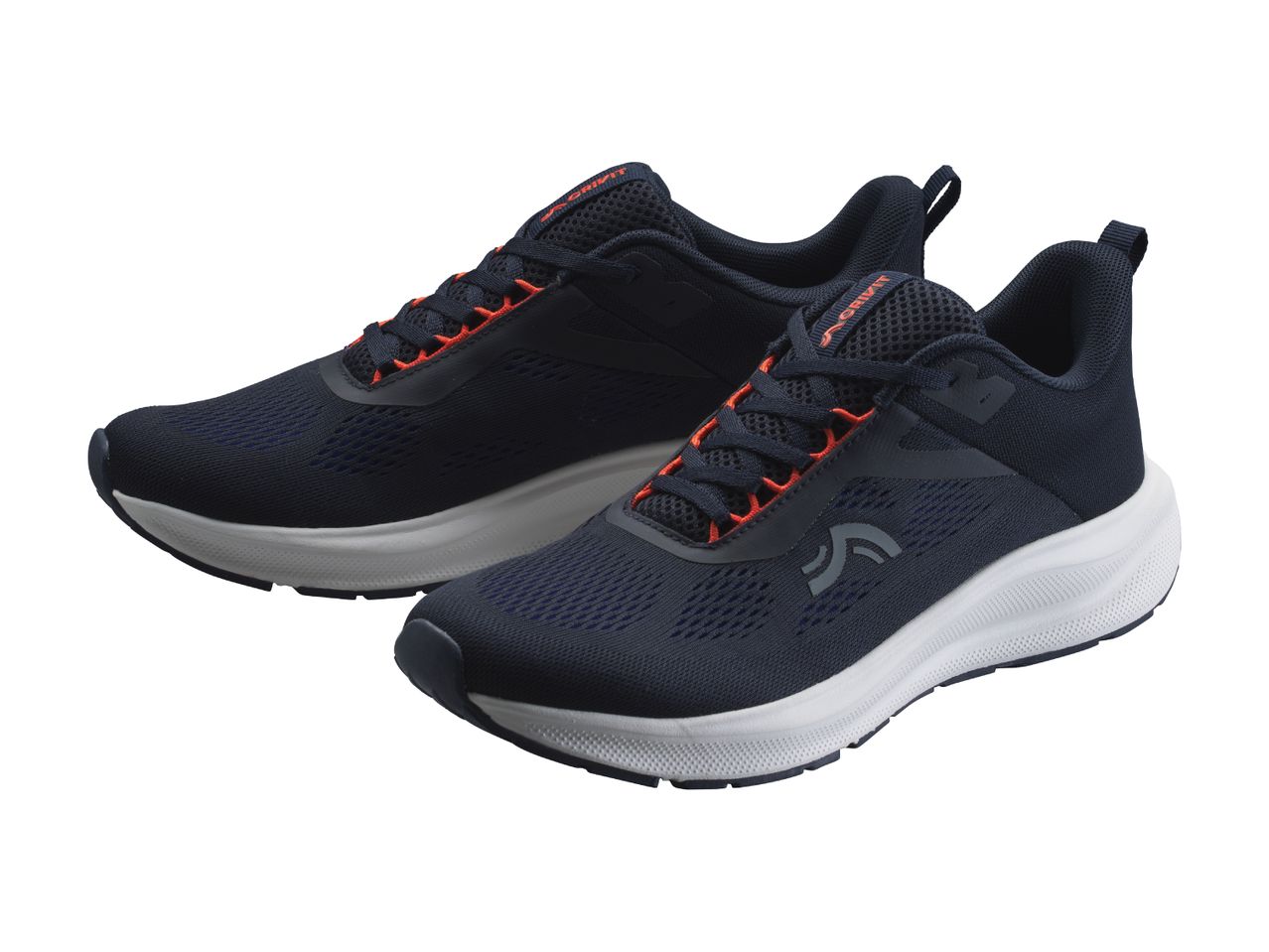 Pair of dark blue and orange athletic shoes with white soles