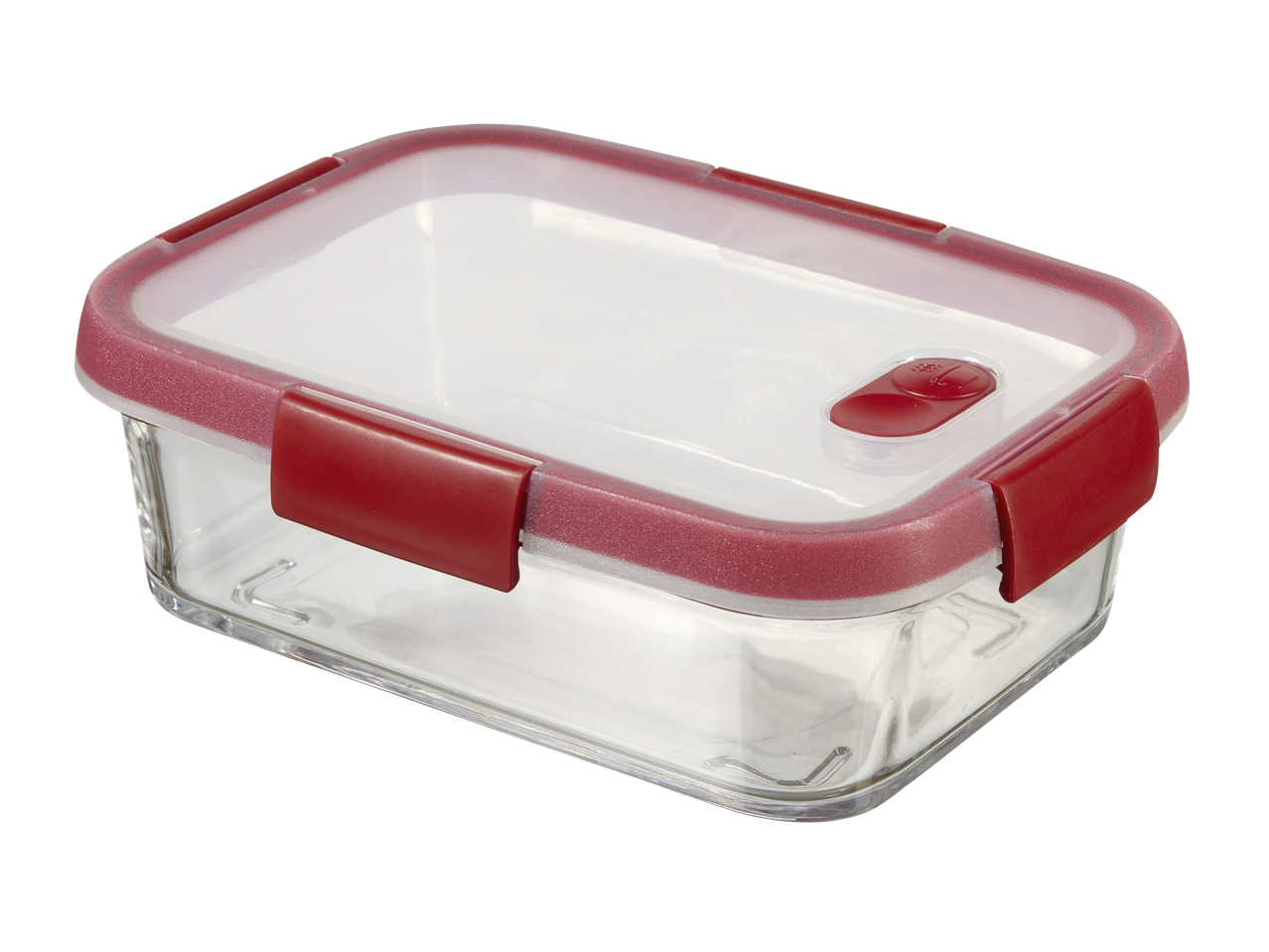 Recipient dreptunghiular din sticlă pentru alimente cu capac și cleme din plastic roșu.