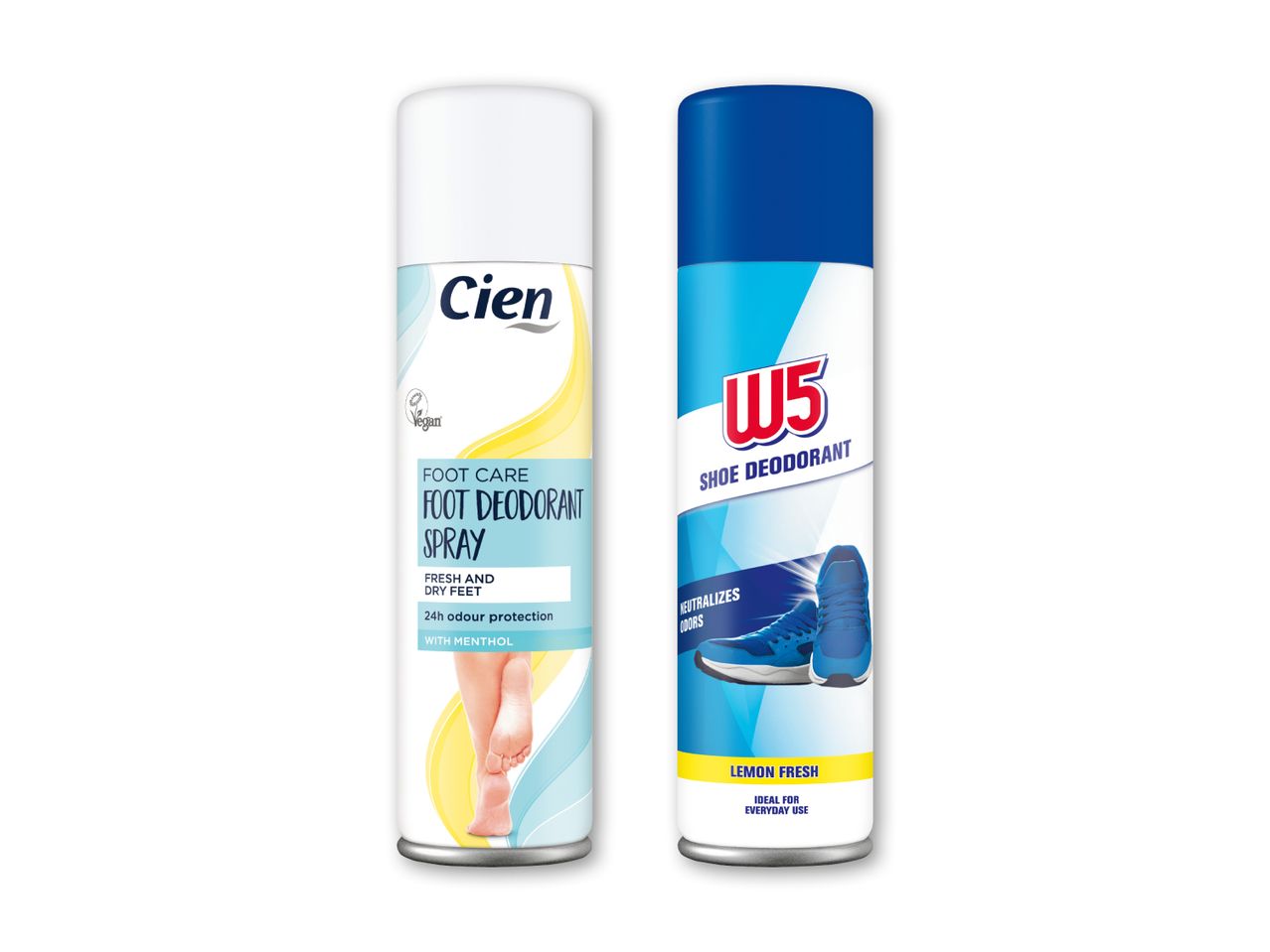 To deodorantsprays, en til fødder med mentol og en til sko med citronduft.