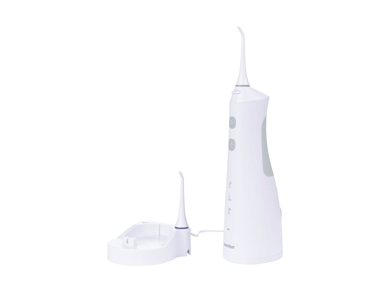 A white cordless water flosser with a separate base.