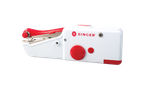 Singer handheld sewing machine in white and red, featuring the Singer logo and power specifications.