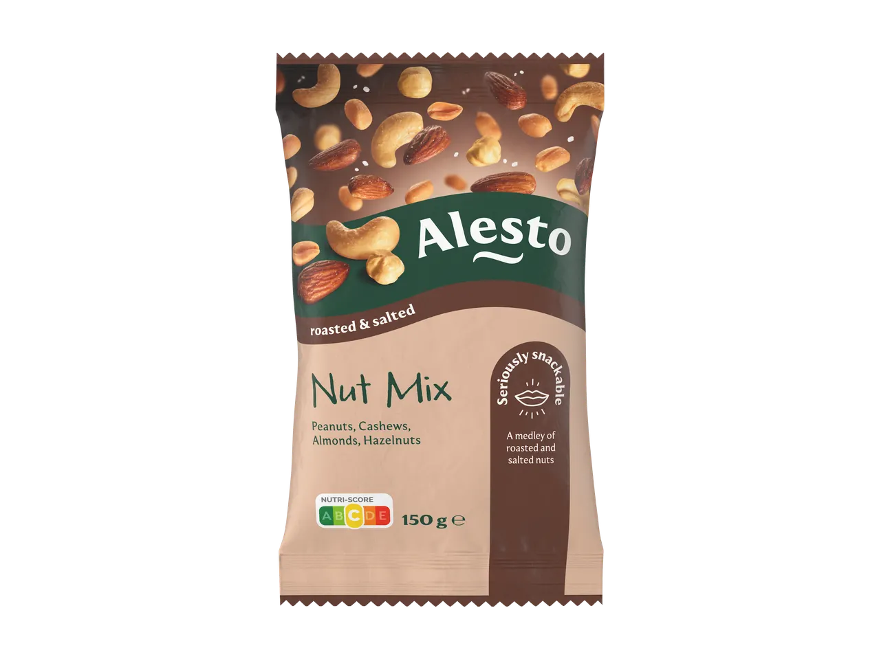 Alesto Notenmix: gebrande & gezouten pinda's, cashewnoten, amandelen, hazelnoten, 150g