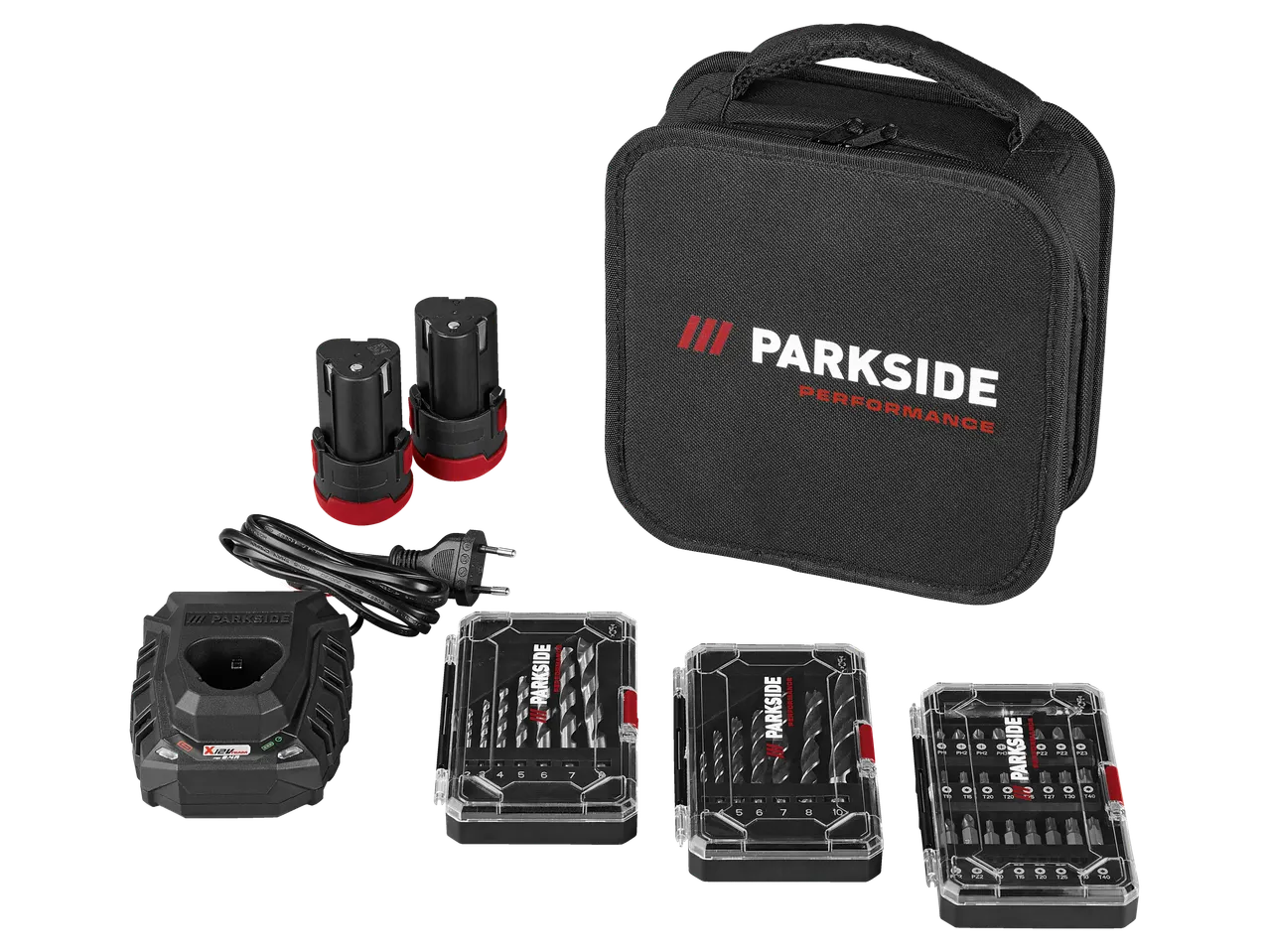 Premium akutrell-kruvikeeraja komplekt koos akude, laadija ja tarvikutega.