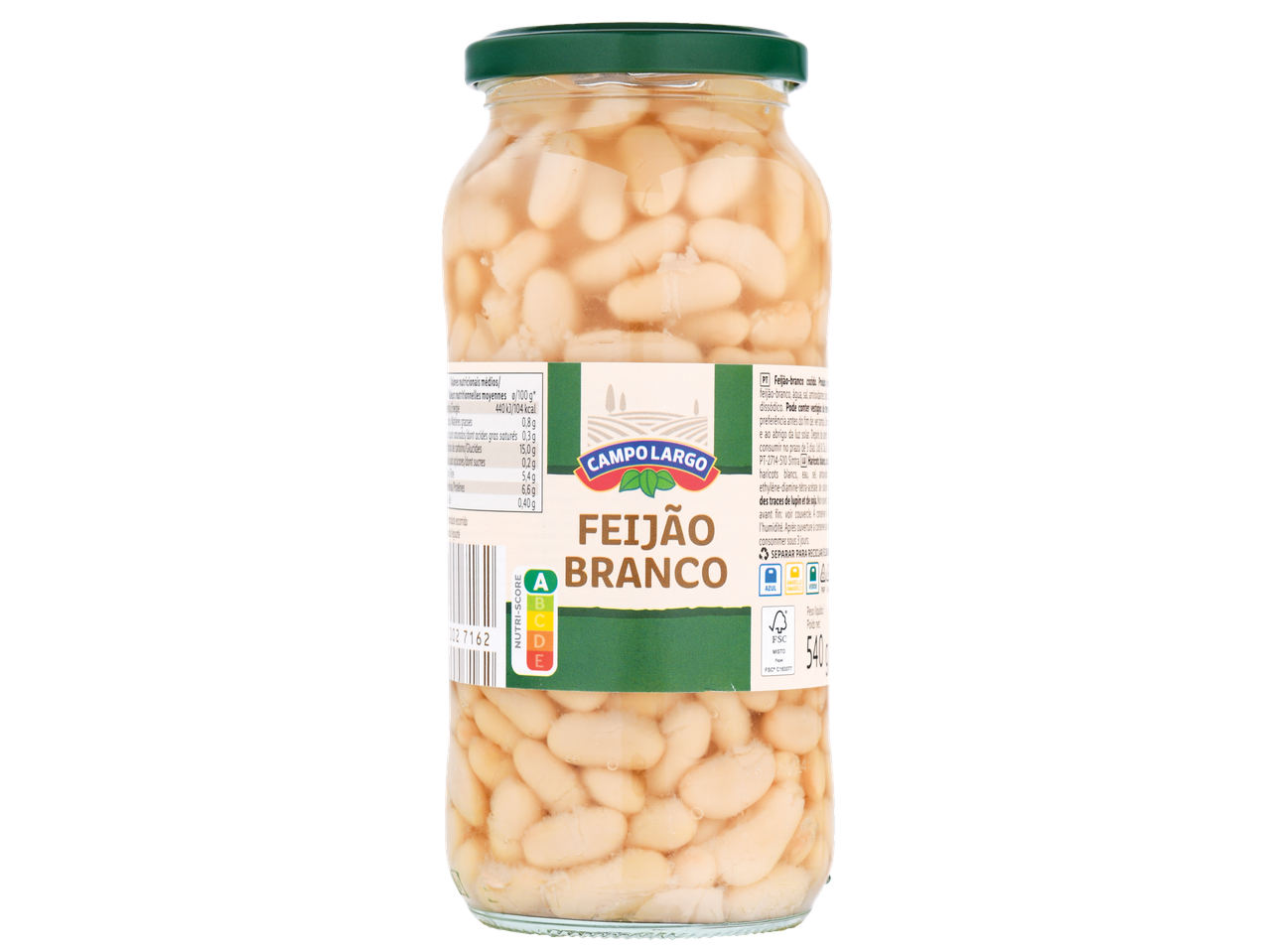 Um frasco de vidro de Feijão Branco Campo Largo com tampa verde e informações nutricionais.