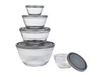 A set of four glass mixing bowls with lids, plus a smaller bowl and lid.