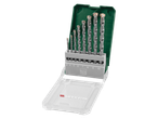 Conjunto de brocas para alvenaria, tamanhos de 3 a 10 mm, numa caixa verde e transparente.