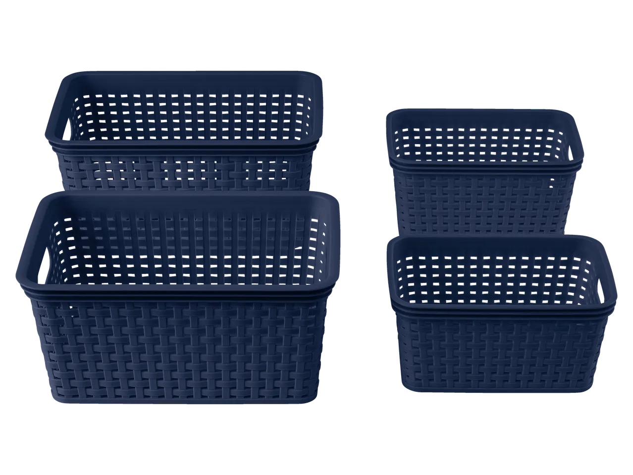 Conjunto de quatro cestos de plástico azul-escuro trançados.