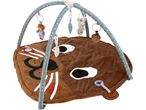 A Baby Activity Gym like a brown bear's face with hanging toys.