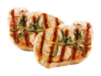 Zwei gegrillte Schweinekoteletts mit Rosmarin auf schwarzem Hintergrund.
