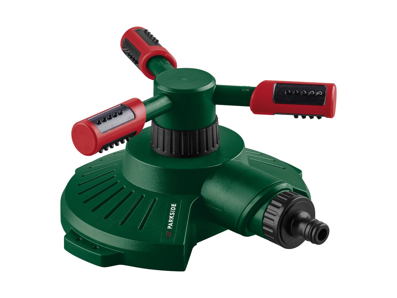 Grøn og rød roterende havesprinkler med tre arme og justerbare dyser.