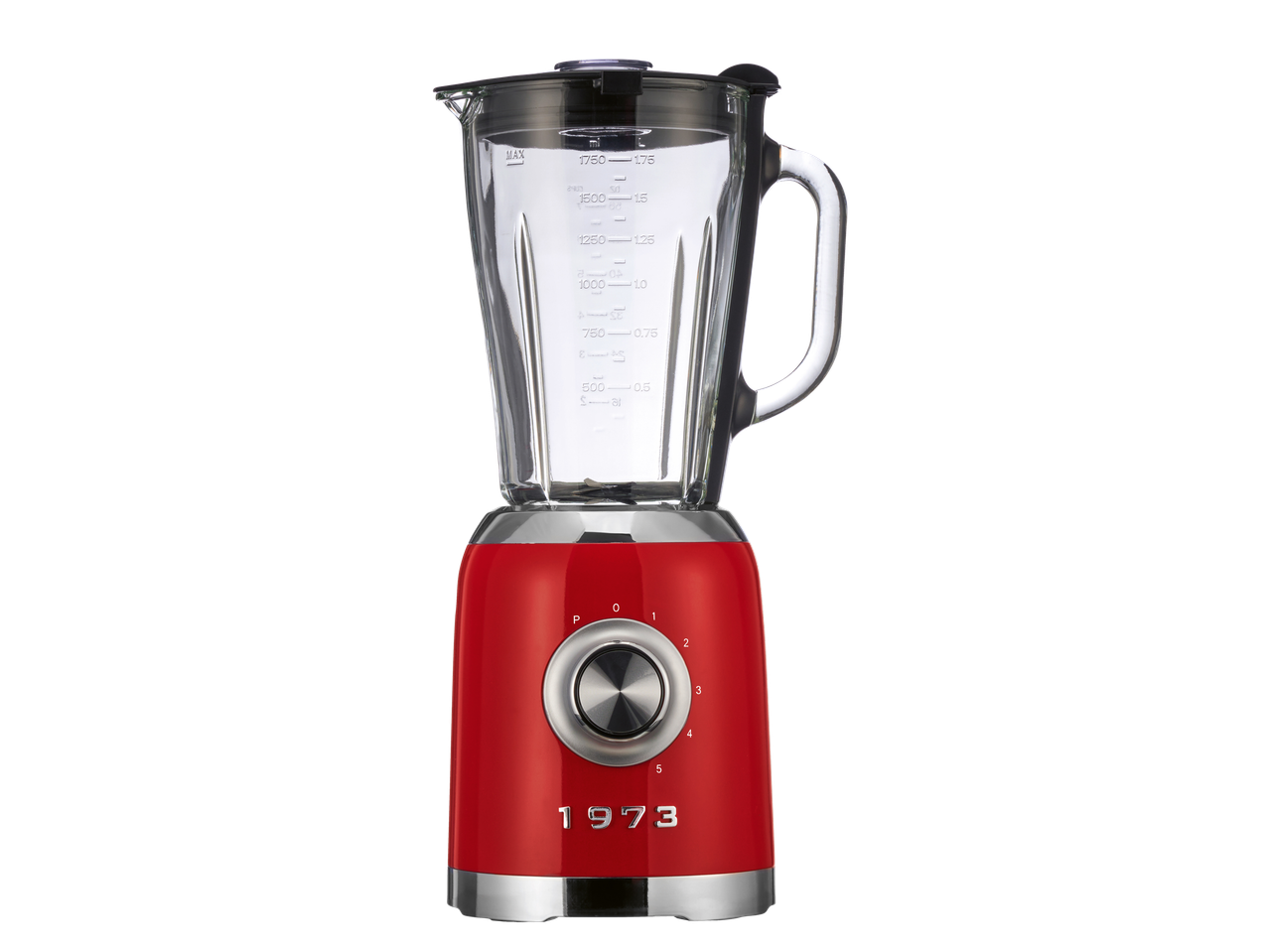 Crveni blender od 600W sa staklenim vrčem i kontrolnim kotačićem, marke 1973.