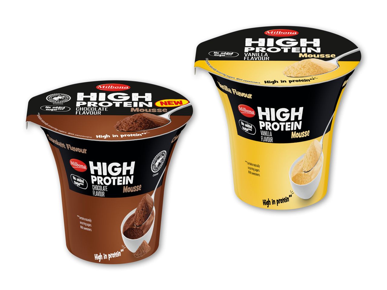 Milbona's nye High Protein Mousse i chokolade og vaniljesmag.