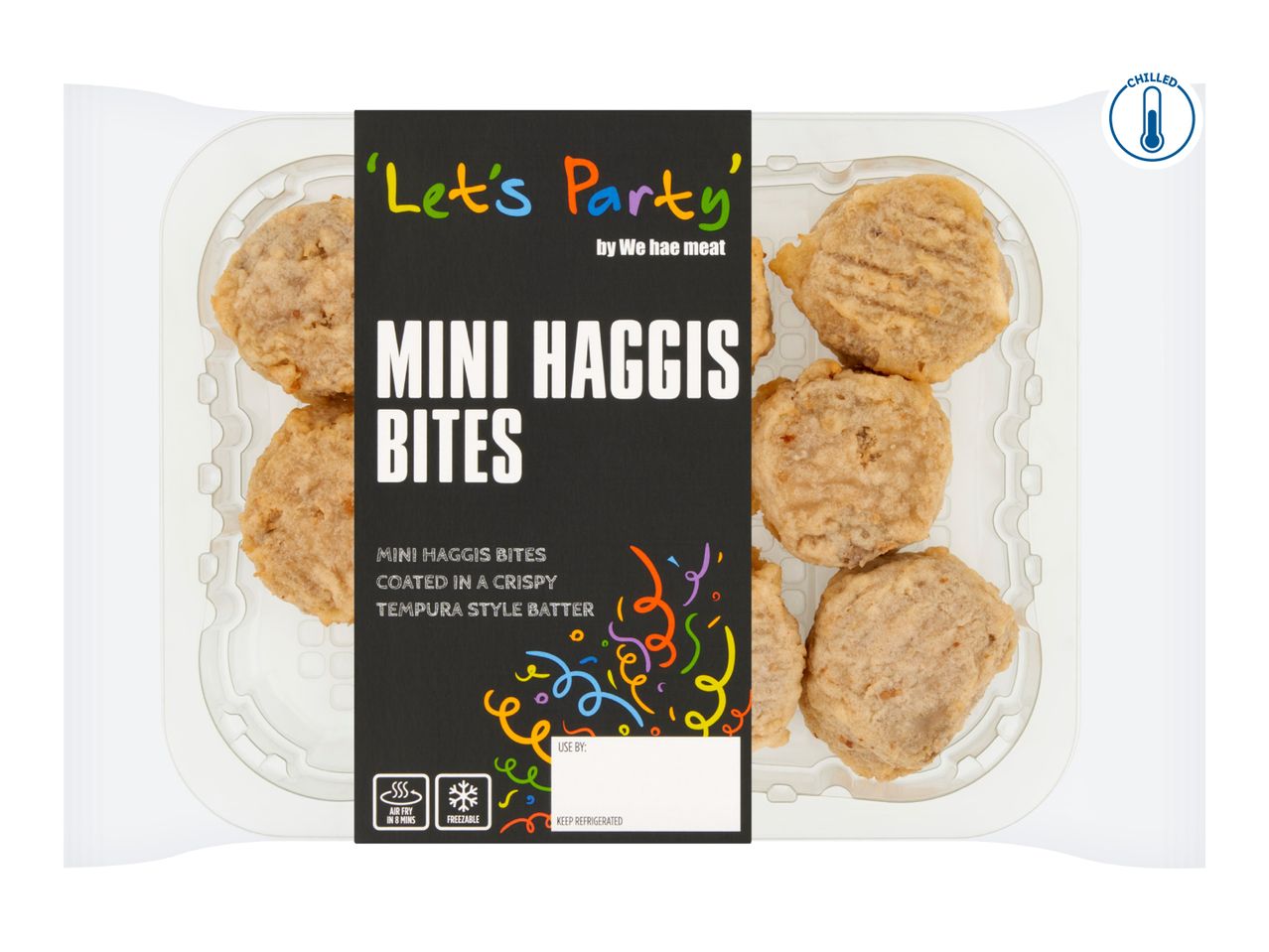 Mini haggis bites in a clear plastic tray with a black label, ready to air fry or freeze.