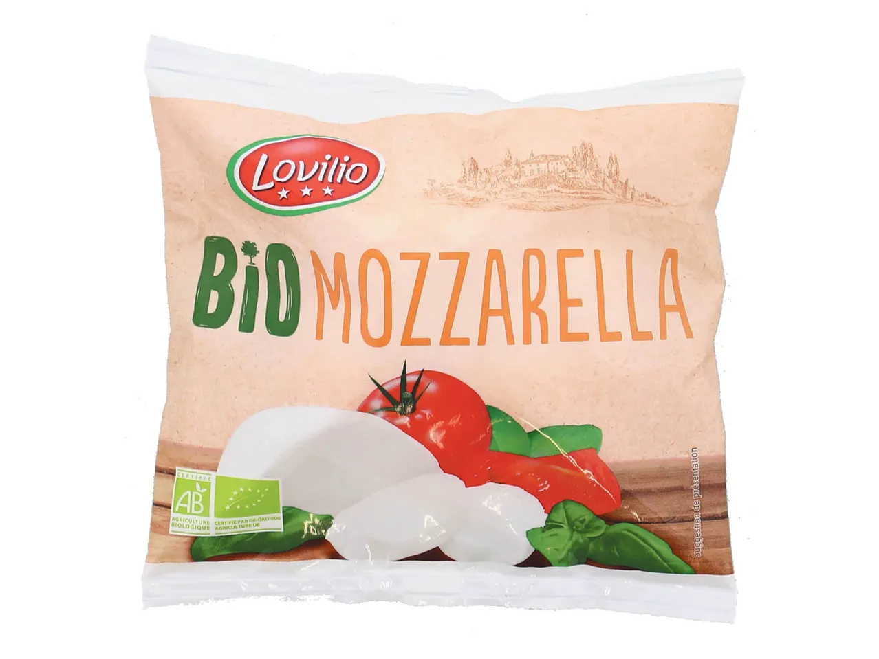 Emballage de mozzarella bio Lovilio.