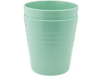 Two light green plastic cups are stacked on top of each other.