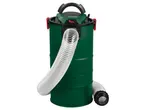 Un aspirapolvere a bidone verde con un tubo flessibile bianco e nero.