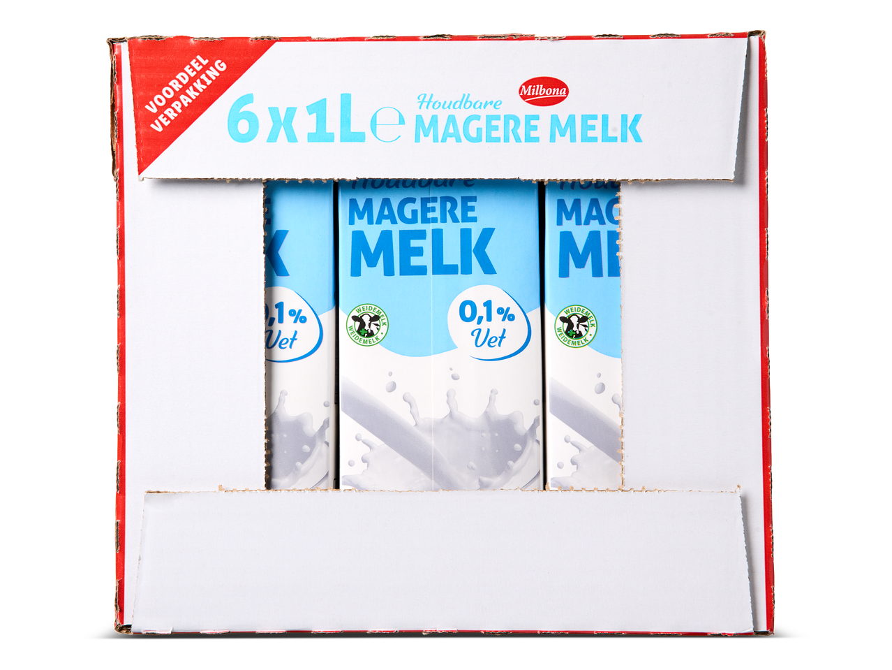 Verpakking met zes pakken houdbare magere melk, 0,1% vet.