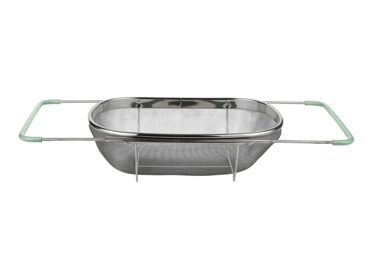 Stainless steel dish drainer with handles.