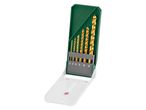 A set of gold-colored drill bits in a green and clear plastic case, with sizes labeled 2 to 8, for sheet metal, light metals, non-ferrous metals.
