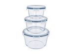 Three round glass food storage containers with blue-rimmed clear lids, stacked from smallest to largest.