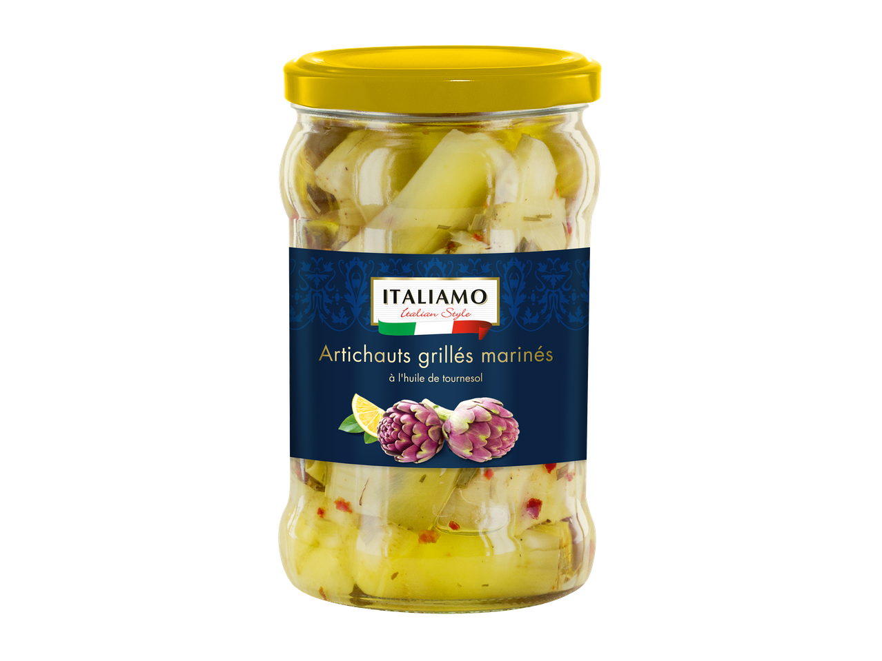 Bocal en verre d'artichauts grillés marinés à l'huile de tournesol, avec une étiquette bleue.