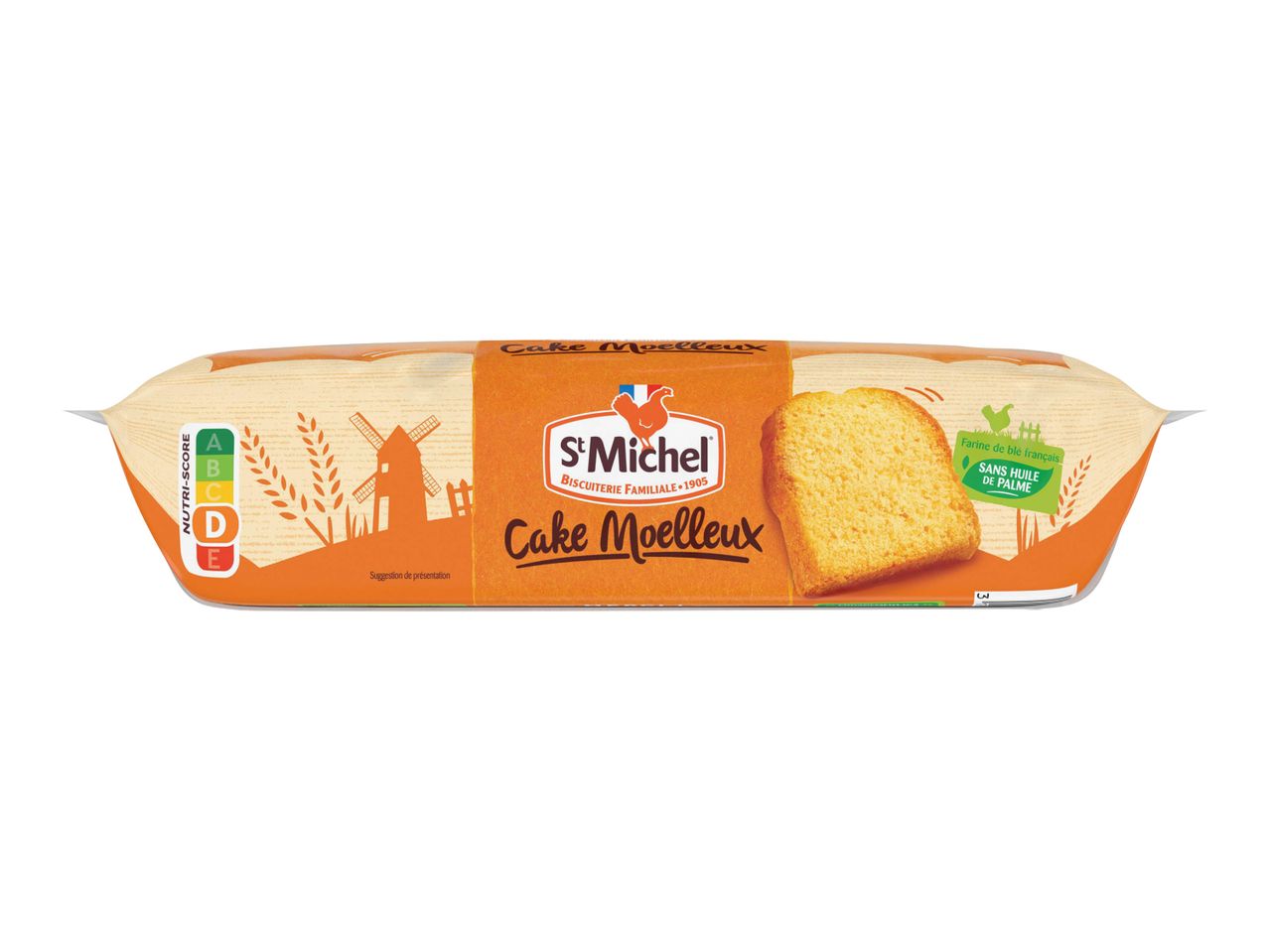 Paquet de gâteaux moelleux St Michel avec Nutri-Score D et la mention « Sans huile de palme ».