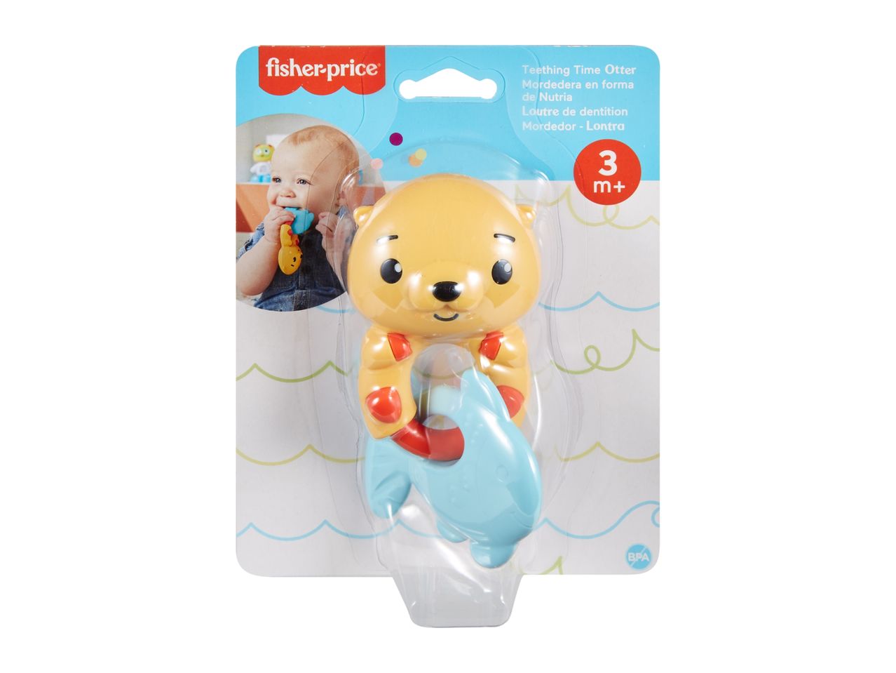 Fisher-Price Teething Time Otter, a yellow otter-shaped teether with a blue dolphin.