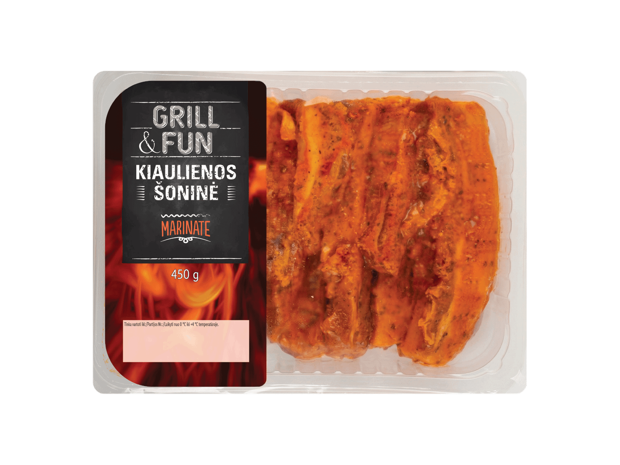 Marineeritud sealiha ribid pakendis, sildil kiri 'Grill & Fun Kiaulienos Šoninė Marinate 450 g'.