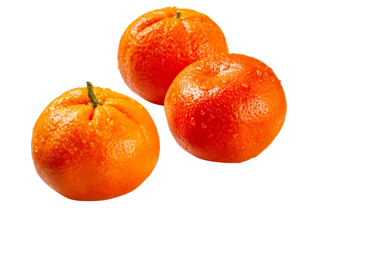 Drie verse, bedauwde mandarijnen op een zwarte achtergrond.