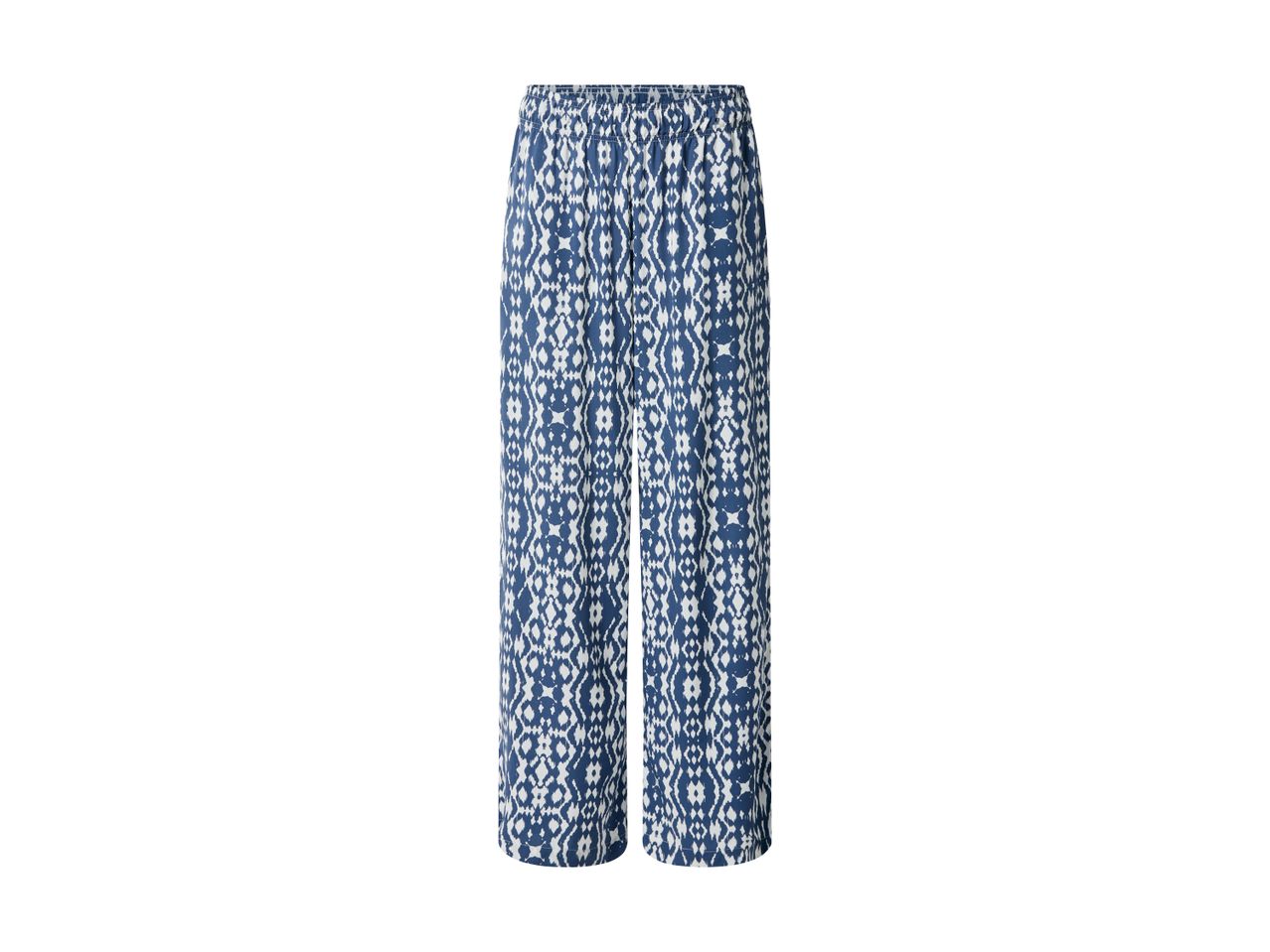 Blue and white patterned wide-leg trousers with an elasticated waist