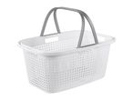 White plastic laundry basket with grey handles, featuring a perforated design.