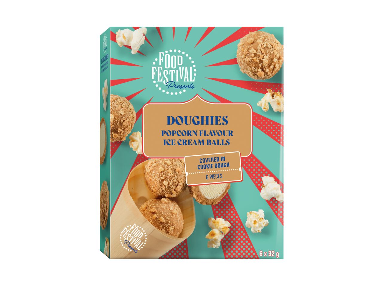 Popcorn flavour ice cream balls covered in cookie dough, presented in a food festival theme.