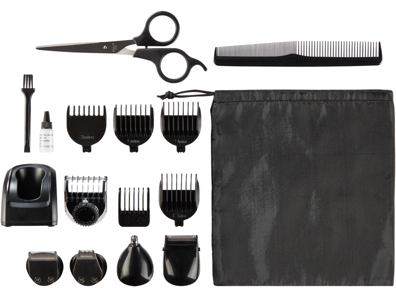 Beard grooming kit: scissors, comb, trimmer, and accessories.