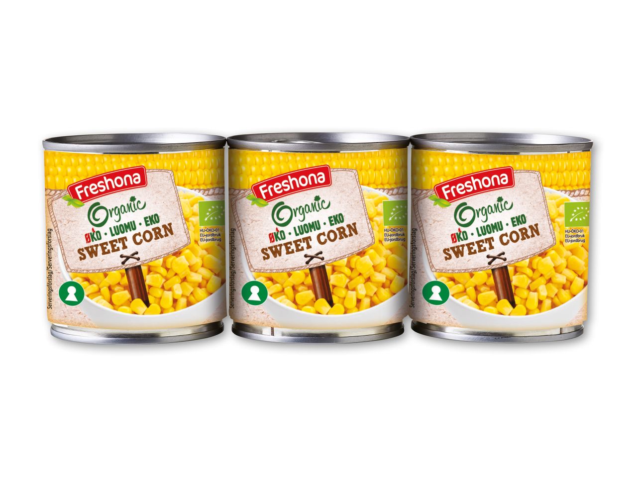 Tre dåser økologisk majs med teksten 'Organic ØKO LUOMU EKO SWEET CORN'.