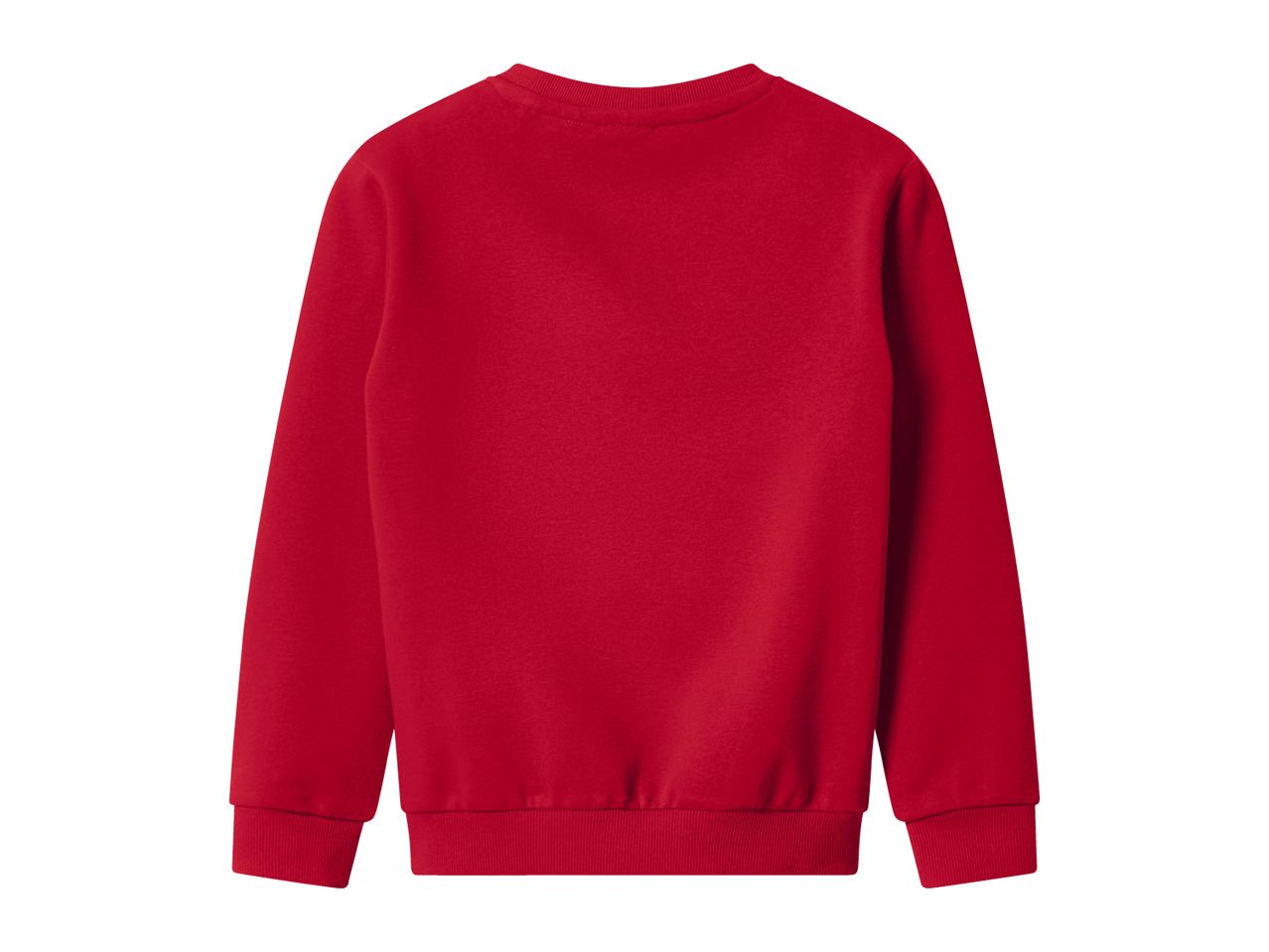 Back view of a plain red long-sleeved sweatshirt with ribbed cuffs and hem.