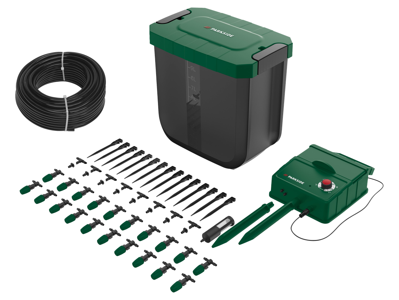 Öntözőrendszer készlet, amely egy víztartályt, egy vezérlőegységet, tömlőt és csepegtetőket tartalmaz.