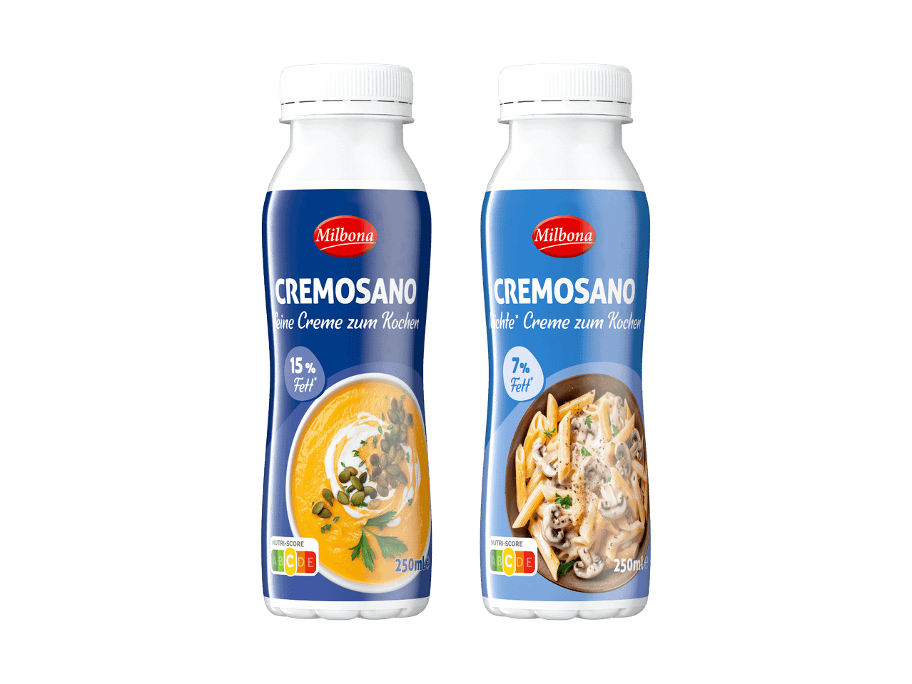 Zwei Flaschen Kochcreme, eine mit 15% Fett und Kürbissuppe, die andere mit 7% Fett und Pilznudeln.