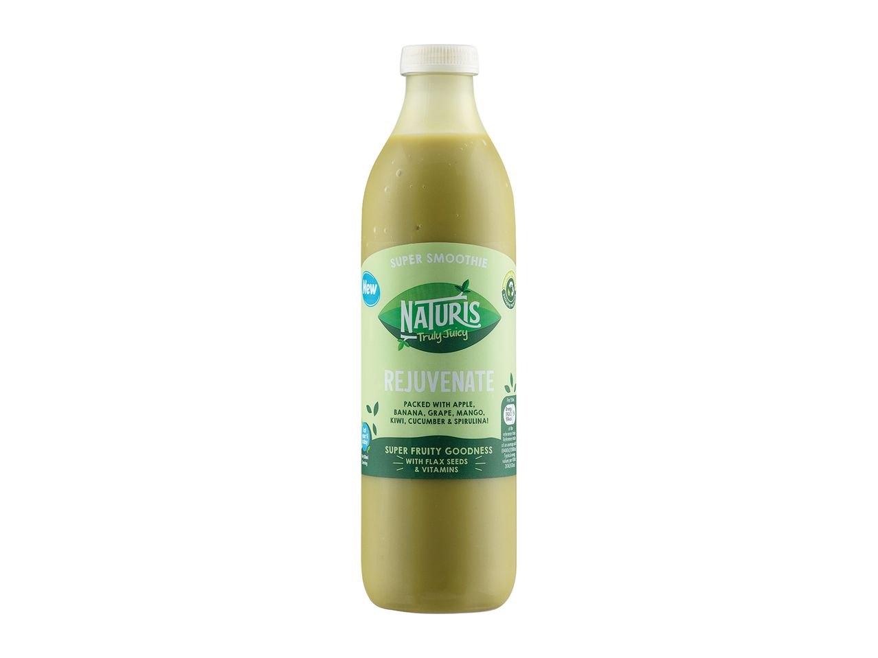 Naturis Rejuvenate green smoothie: apple, banana, grape, mango, kiwi, cucumber & spirulina.