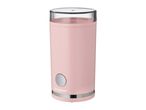 Pink electric coffee grinder with a transparent lid and a silver button.