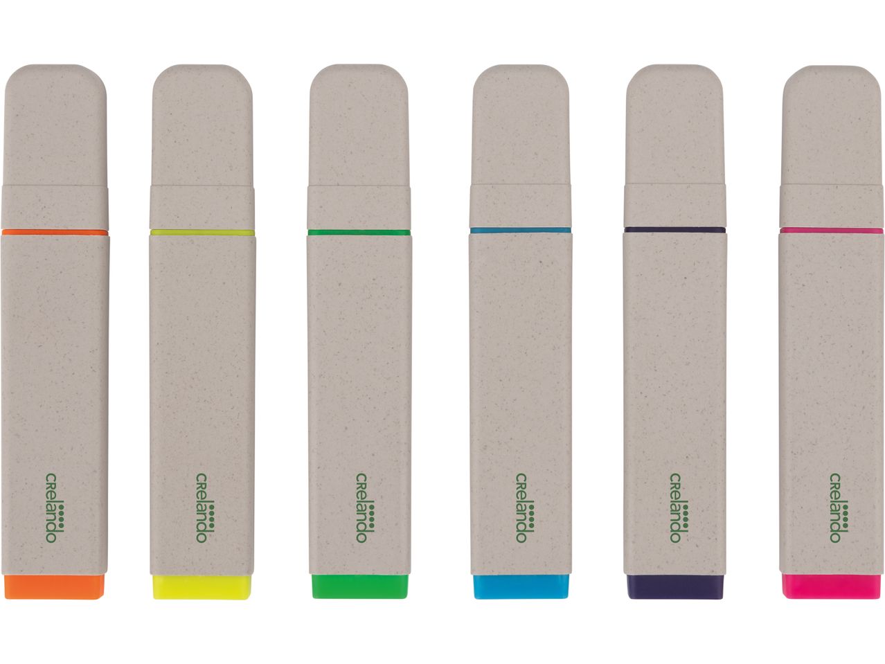 Sei evidenziatori Crelando in colori assortiti, con corpi beige e accenti colorati.