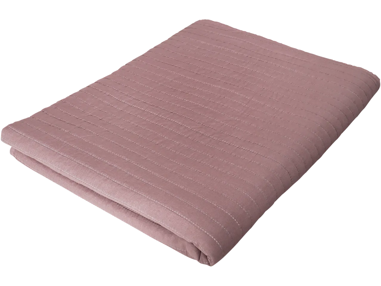 Pătură matlasată roz pliată, cu dungi orizontale.