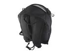 Black backpack with adjustable shoulder straps and a partially open main compartment